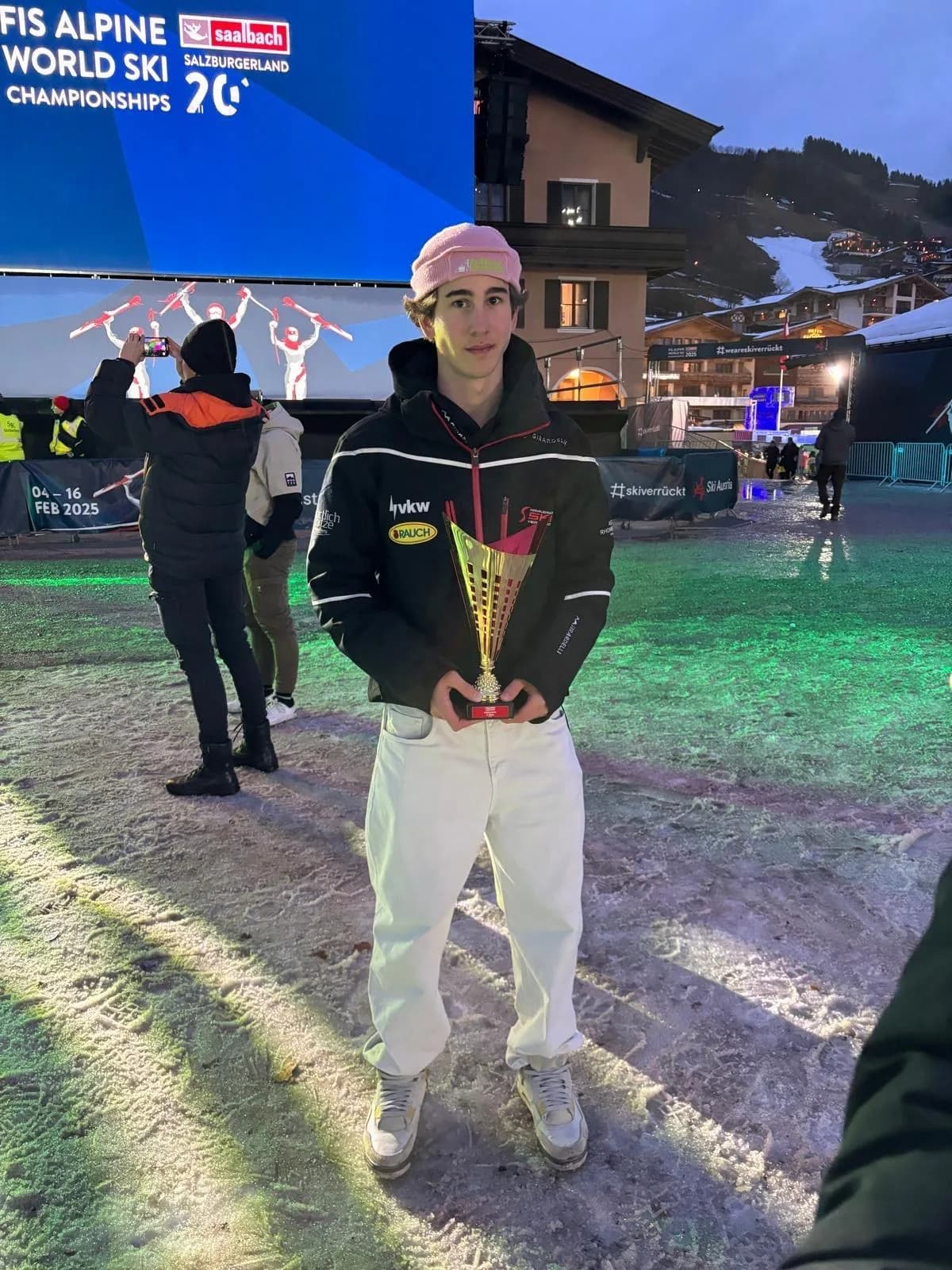 Kevin Schmidle in front of the Alpine World Ski Championships screen