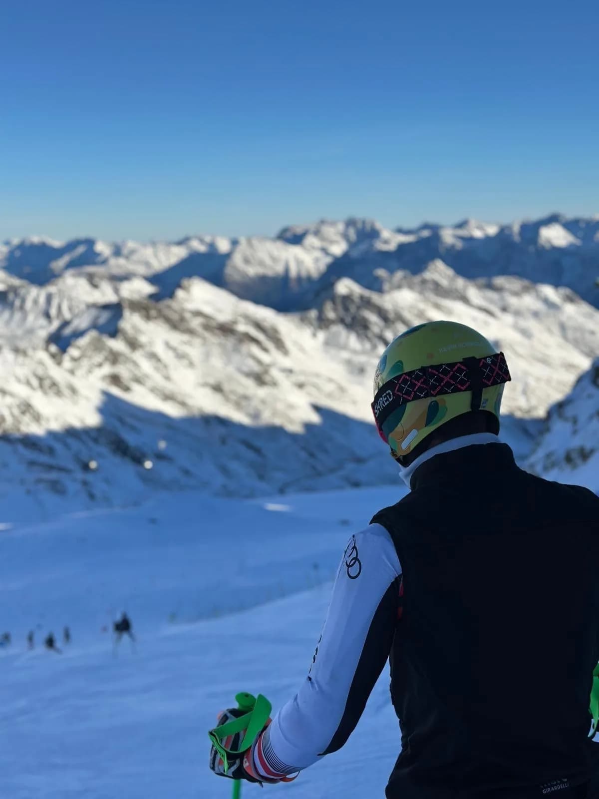 View from the piste across a mountain panorama